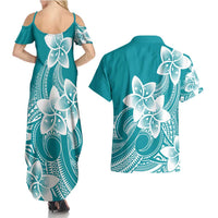 Polynesian Plumeria Flowers Tribal Couples Matching Summer Maxi Dress and Hawaiian Shirt Pacific Tattoo Teal Style LT9 - Polynesian Pride