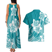 Polynesian Plumeria Flowers Tribal Couples Matching Tank Maxi Dress and Hawaiian Shirt Pacific Tattoo Teal Style LT9 - Polynesian Pride