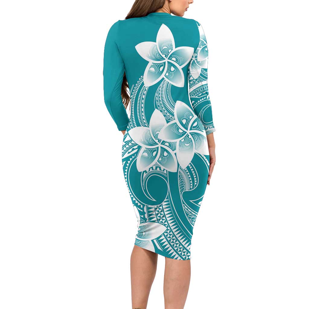Polynesian Plumeria Flowers Tribal Family Matching Long Sleeve Bodycon Dress and Hawaiian Shirt Pacific Tattoo Teal Style - Polynesian Pride