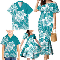 Polynesian Plumeria Flowers Tribal Family Matching Mermaid Dress and Hawaiian Shirt Pacific Tattoo Teal Style - Polynesian Pride