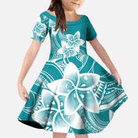 Polynesian Plumeria Flowers Tribal Family Matching Off The Shoulder Long Sleeve Dress and Hawaiian Shirt Pacific Tattoo Teal Style - Polynesian Pride
