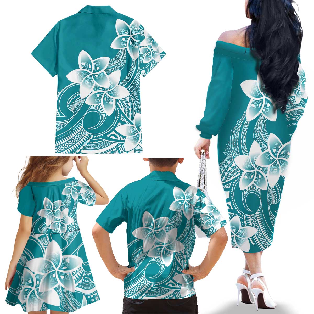 Polynesian Plumeria Flowers Tribal Family Matching Off The Shoulder Long Sleeve Dress and Hawaiian Shirt Pacific Tattoo Teal Style - Polynesian Pride