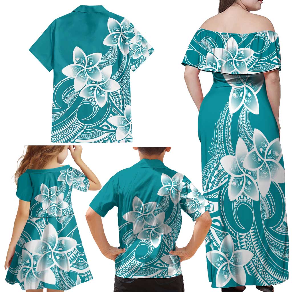 Polynesian Plumeria Flowers Tribal Family Matching Off Shoulder Maxi Dress and Hawaiian Shirt Pacific Tattoo Teal Style - Polynesian Pride