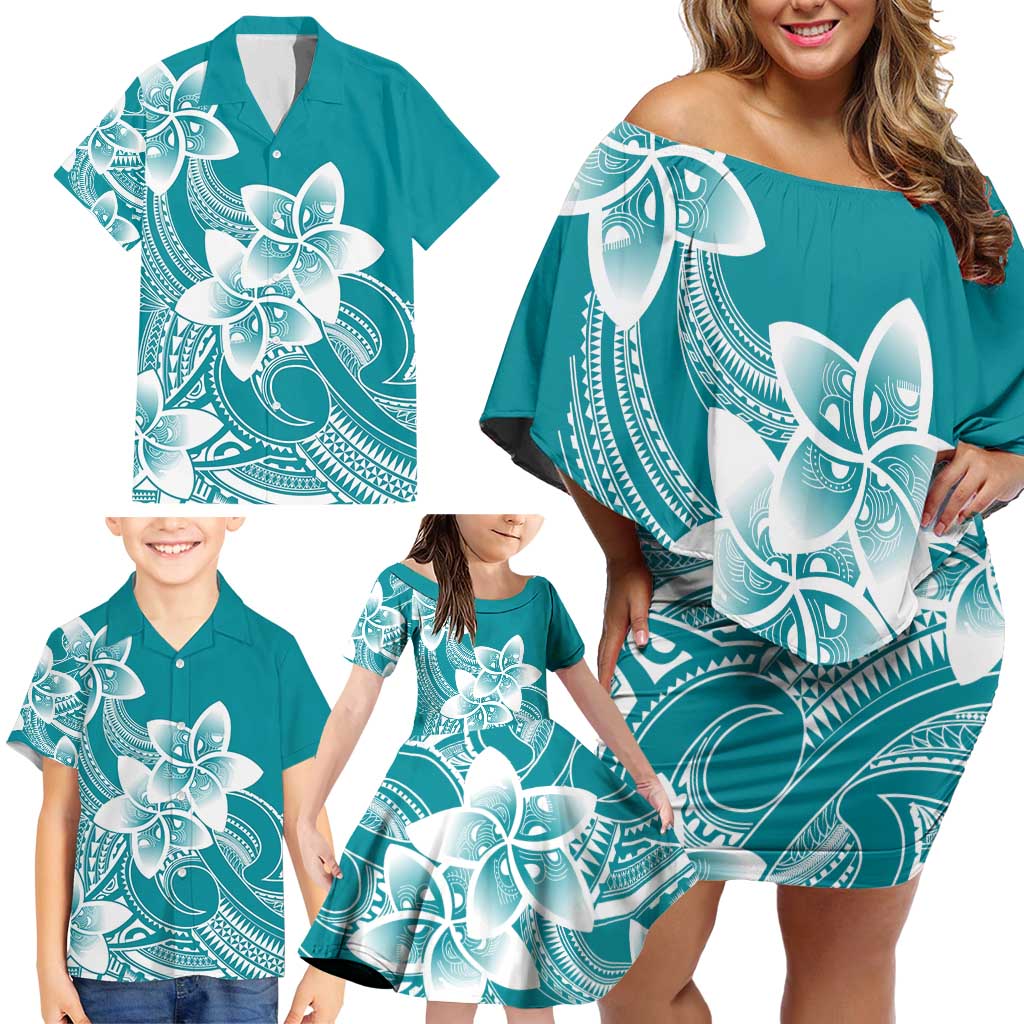 Polynesian Plumeria Flowers Tribal Family Matching Off Shoulder Short Dress and Hawaiian Shirt Pacific Tattoo Teal Style - Polynesian Pride