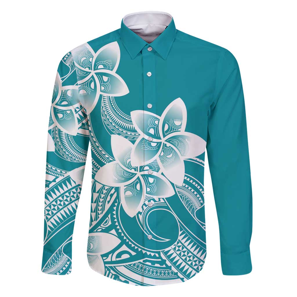 Polynesian Plumeria Flowers Tribal Family Matching Off Shoulder Short Dress and Hawaiian Shirt Pacific Tattoo Teal Style - Polynesian Pride
