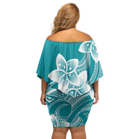 Polynesian Plumeria Flowers Tribal Family Matching Off Shoulder Short Dress and Hawaiian Shirt Pacific Tattoo Teal Style - Polynesian Pride