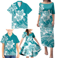 Polynesian Plumeria Flowers Tribal Family Matching Puletasi and Hawaiian Shirt Pacific Tattoo Teal Style - Polynesian Pride