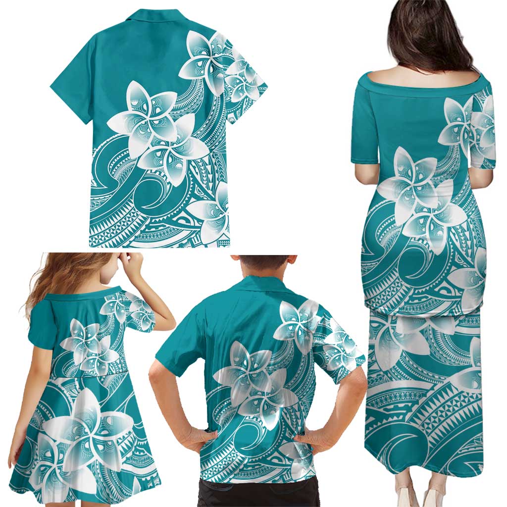 Polynesian Plumeria Flowers Tribal Family Matching Puletasi and Hawaiian Shirt Pacific Tattoo Teal Style - Polynesian Pride