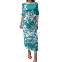 Polynesian Plumeria Flowers Tribal Family Matching Puletasi and Hawaiian Shirt Pacific Tattoo Teal Style - Polynesian Pride