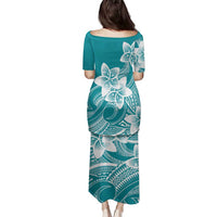 Polynesian Plumeria Flowers Tribal Family Matching Puletasi and Hawaiian Shirt Pacific Tattoo Teal Style - Polynesian Pride