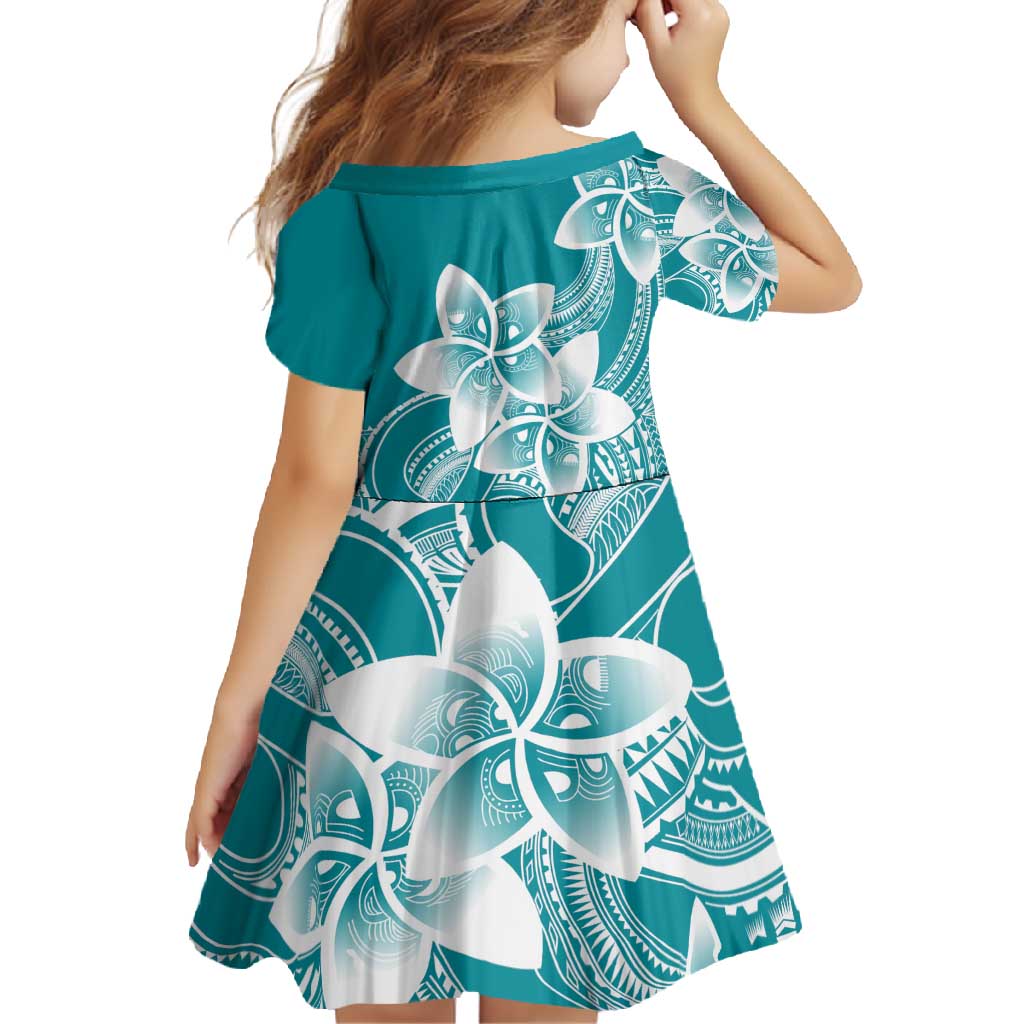 Polynesian Plumeria Flowers Tribal Family Matching Short Sleeve Bodycon Dress and Hawaiian Shirt Pacific Tattoo Teal Style - Polynesian Pride