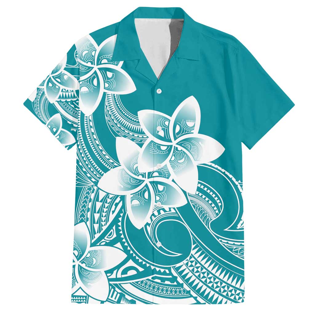 Polynesian Plumeria Flowers Tribal Family Matching Tank Maxi Dress and Hawaiian Shirt Pacific Tattoo Teal Style - Polynesian Pride