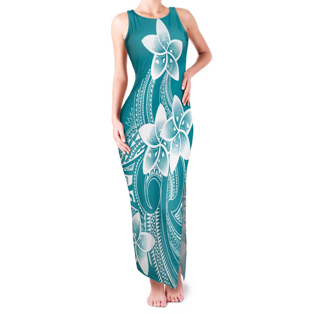 Polynesian Plumeria Flowers Tribal Family Matching Tank Maxi Dress and Hawaiian Shirt Pacific Tattoo Teal Style - Polynesian Pride