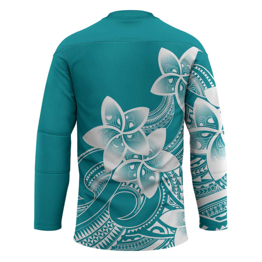 Polynesian Plumeria Flowers Tribal Hockey Jersey Pacific Tattoo Teal Style - Polynesian Pride