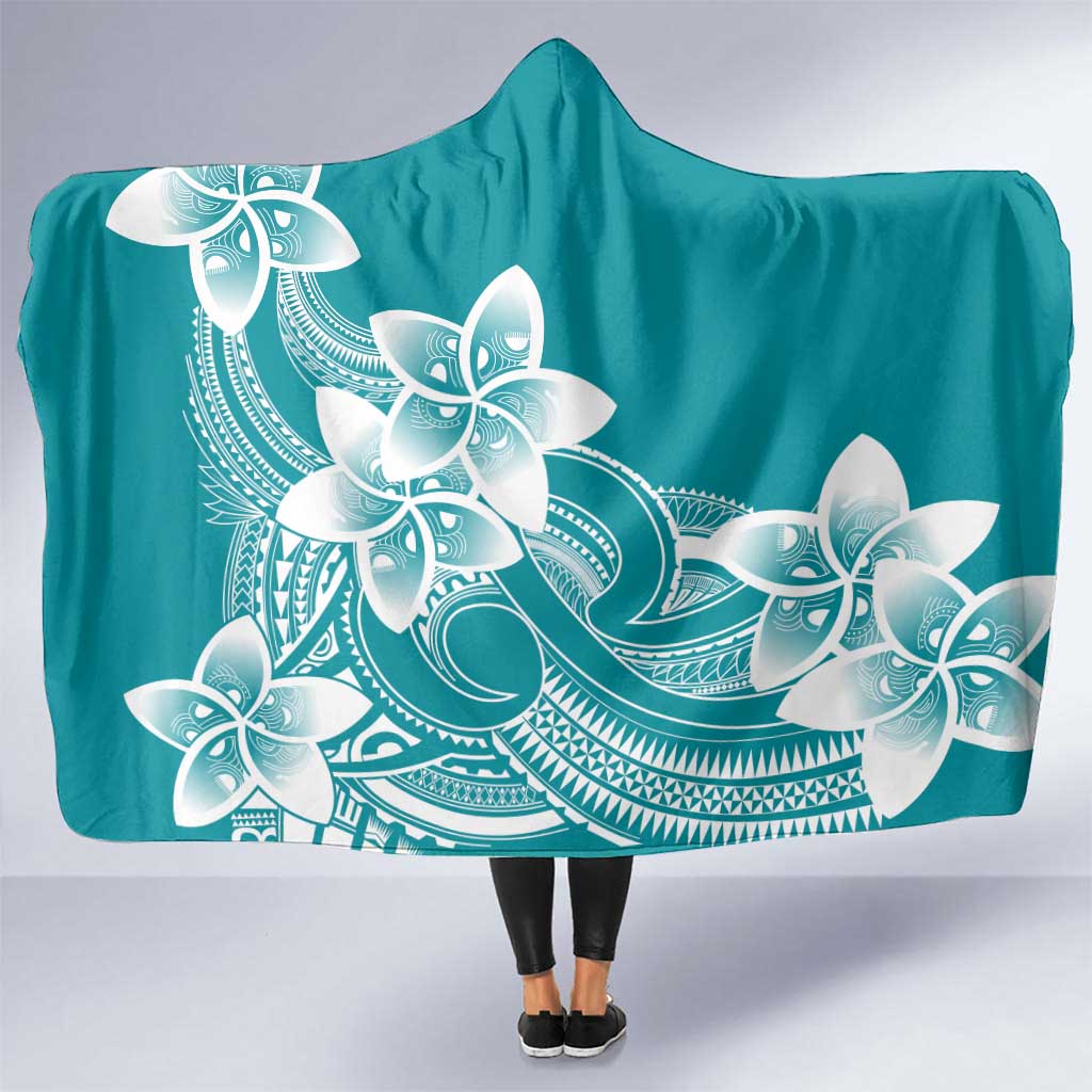 Polynesian Plumeria Flowers Tribal Hooded Blanket Pacific Tattoo Teal Style - Polynesian Pride