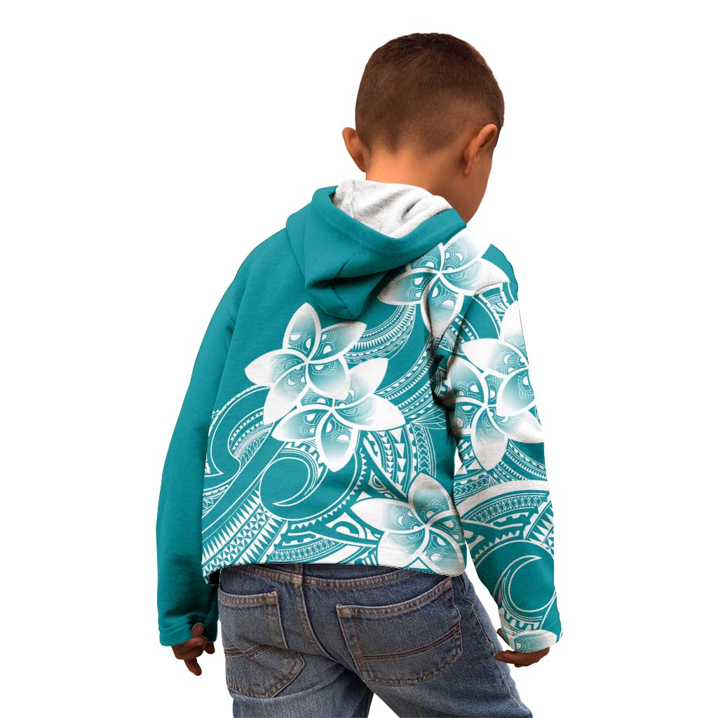 Polynesian Plumeria Flowers Tribal Kid Hoodie Pacific Tattoo Teal Style - Polynesian Pride