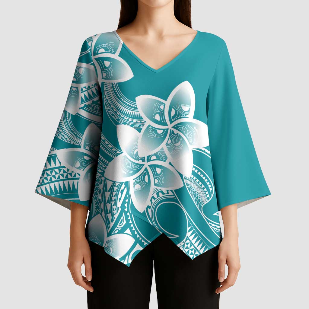 Polynesian Plumeria Flowers Tribal Kimono Sleeve Blouse Pacific Tattoo Teal Style - Polynesian Pride
