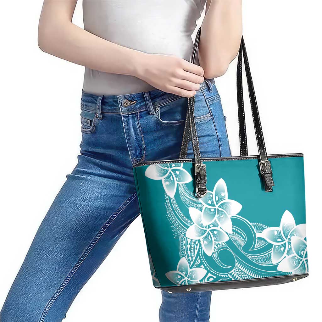 Polynesian Plumeria Flowers Tribal Leather Tote Bag Pacific Tattoo Teal Style - Polynesian Pride