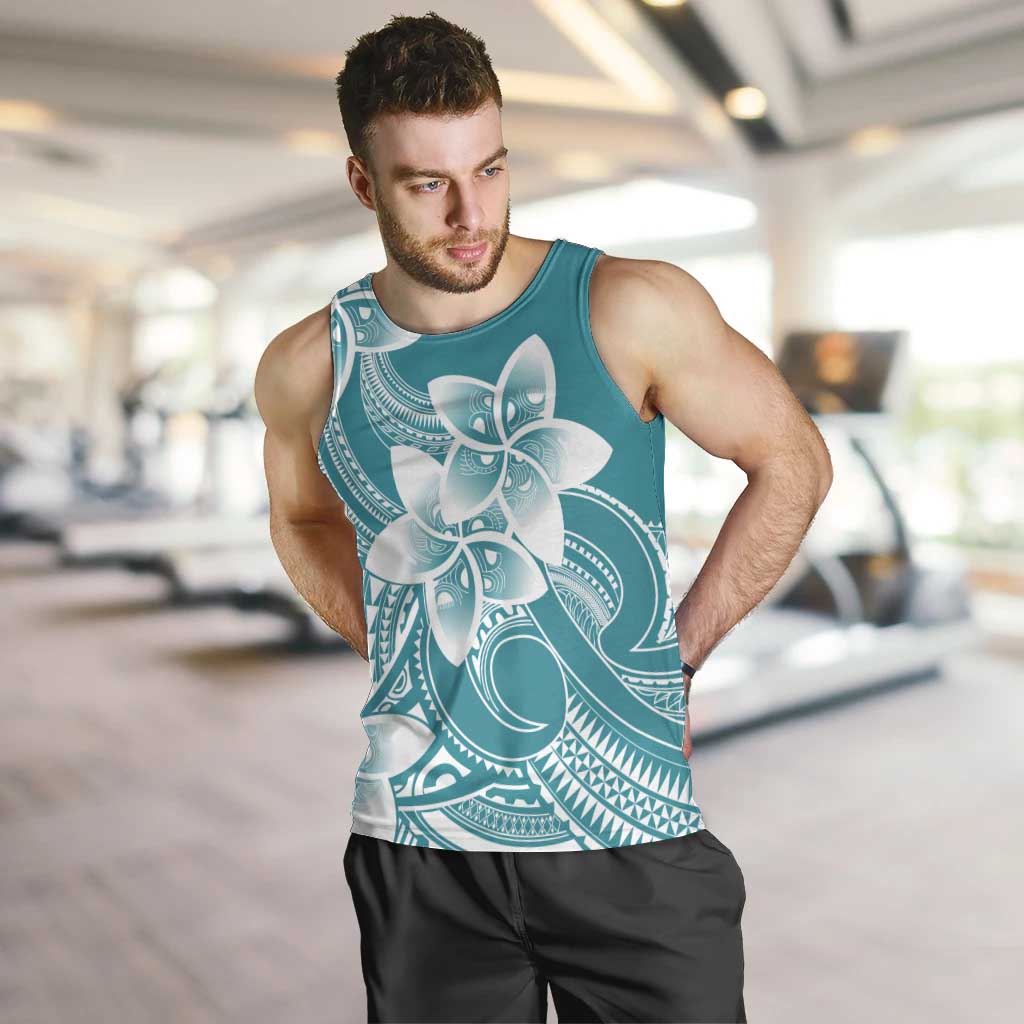 Polynesian Plumeria Flowers Tribal Men Tank Top Pacific Tattoo Teal Style - Polynesian Pride