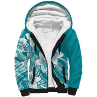 Polynesian Plumeria Flowers Tribal Sherpa Hoodie Pacific Tattoo Teal Style - Polynesian Pride