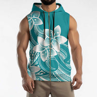 Polynesian Plumeria Flowers Tribal Sleeveless Zip Hoodie Pacific Tattoo Teal Style - Polynesian Pride