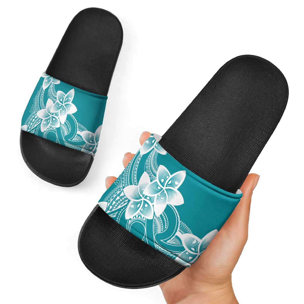 Polynesian Plumeria Flowers Tribal Slide Sandals Pacific Tattoo Teal Style - Polynesian Pride