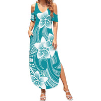 Polynesian Plumeria Flowers Tribal Summer Maxi Dress Pacific Tattoo Teal Style - Polynesian Pride