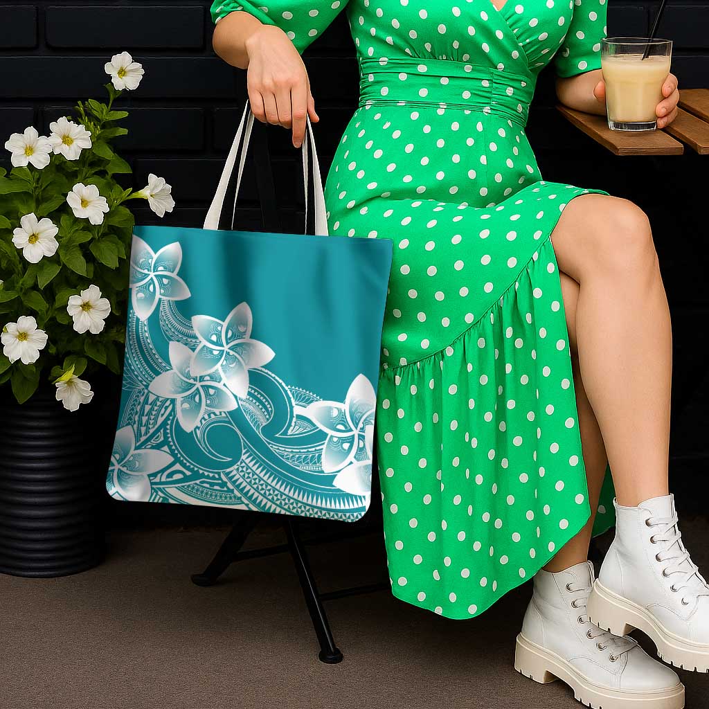 Polynesian Plumeria Flowers Tribal Tote Bag Pacific Tattoo Teal Style - Polynesian Pride