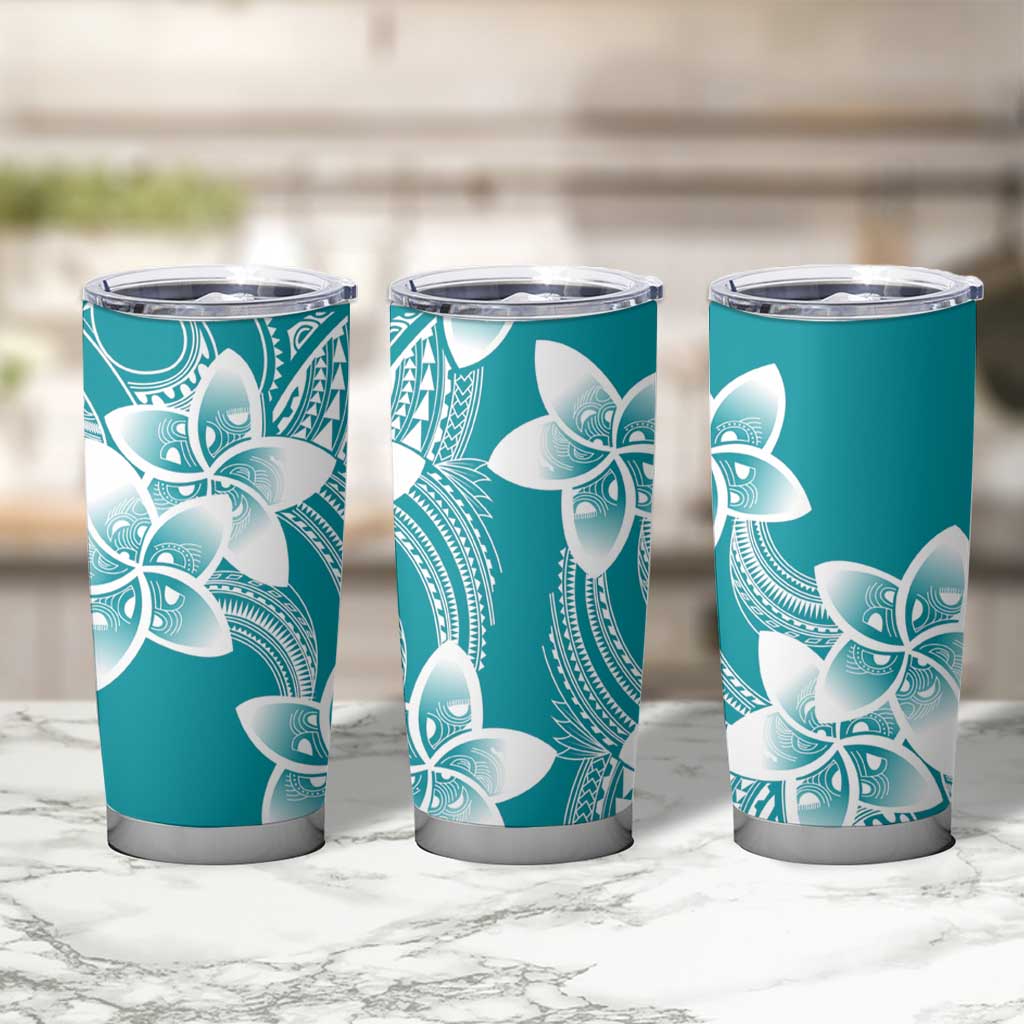 Polynesian Plumeria Flowers Tribal Tumbler Cup Pacific Tattoo Teal Style - Polynesian Pride