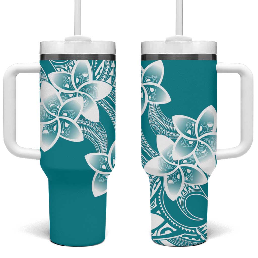 Polynesian Plumeria Flowers Tribal Tumbler With Handle Pacific Tattoo Teal Style - Polynesian Pride