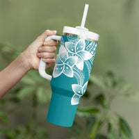Polynesian Plumeria Flowers Tribal Tumbler With Handle Pacific Tattoo Teal Style - Polynesian Pride