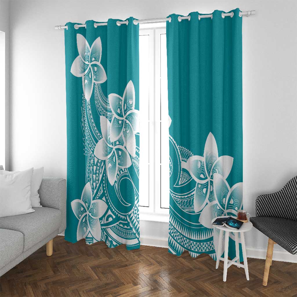 Polynesian Plumeria Flowers Tribal Window Curtain Pacific Tattoo Teal Style - Polynesian Pride
