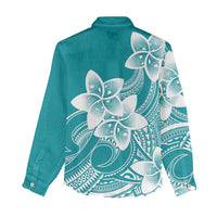 Polynesian Plumeria Flowers Tribal Women Casual Shirt Pacific Tattoo Teal Style - Polynesian Pride