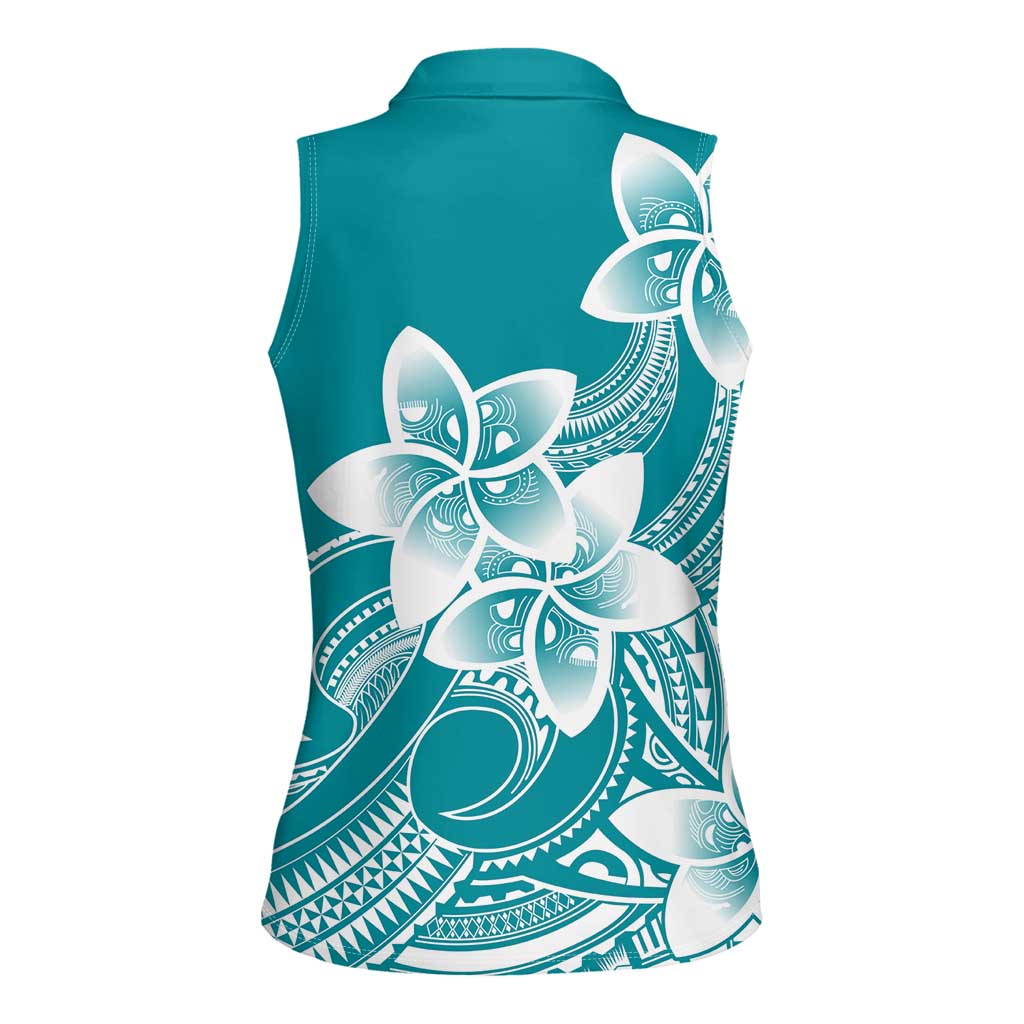Polynesian Plumeria Flowers Tribal Women Sleeveless Polo Shirt Pacific Tattoo Teal Style - Polynesian Pride