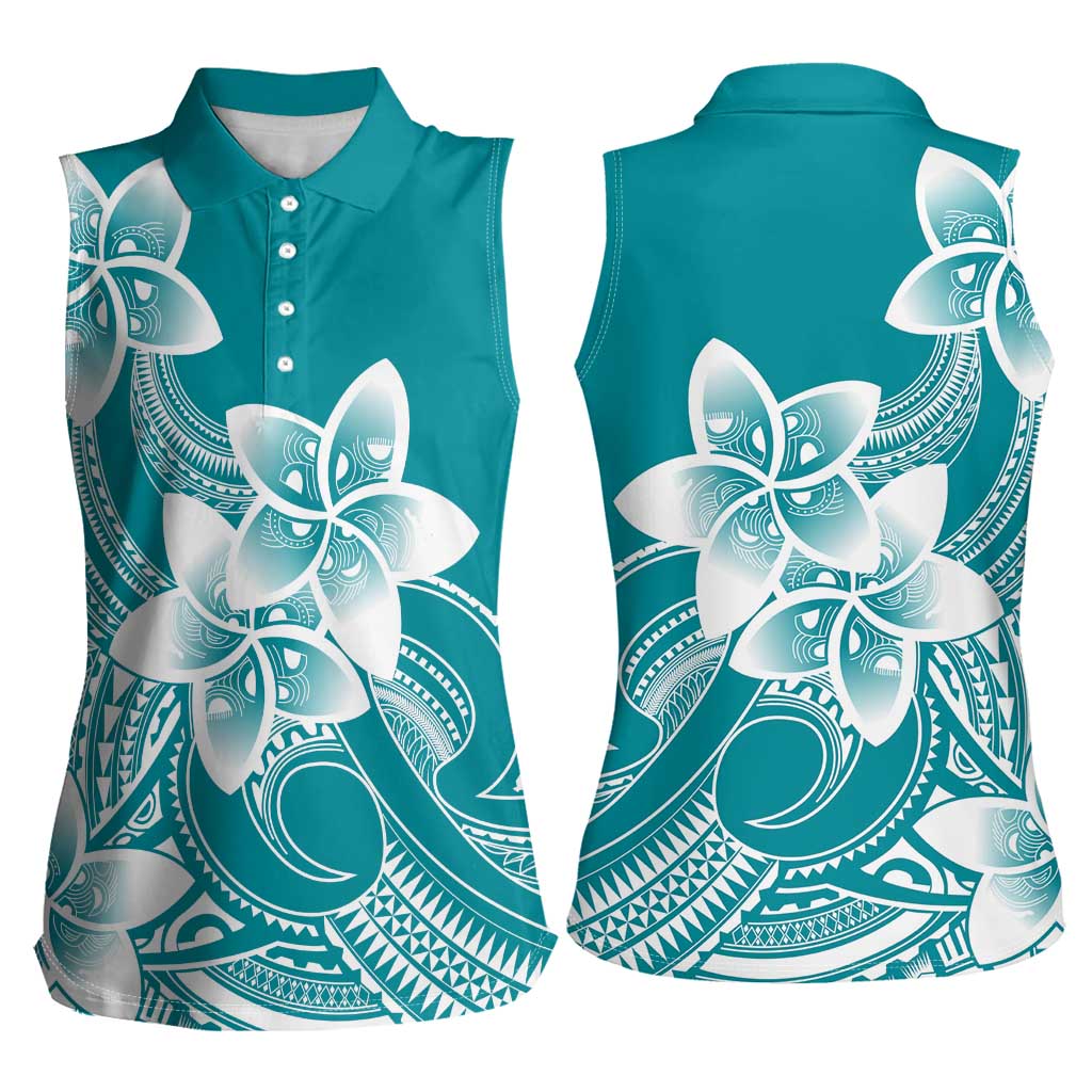 Polynesian Plumeria Flowers Tribal Women Sleeveless Polo Shirt Pacific Tattoo Teal Style - Polynesian Pride