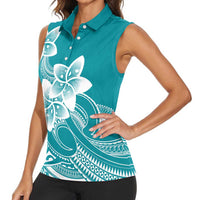 Polynesian Plumeria Flowers Tribal Women Sleeveless Polo Shirt Pacific Tattoo Teal Style - Polynesian Pride
