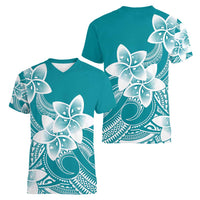 Polynesian Plumeria Flowers Tribal Women V-Neck T-Shirt Pacific Tattoo Teal Style - Polynesian Pride