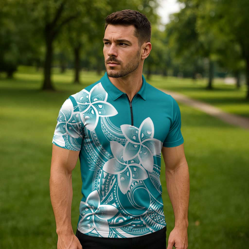 Polynesian Plumeria Flowers Tribal Zipper Polo Shirt Pacific Tattoo Teal Style - Polynesian Pride