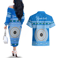 Personalised Fiji Marau Na Kerisimasi Couples Matching Off The Shoulder Long Sleeve Dress and Hawaiian Shirt Merry Christmas Tapa Pattern Blue Style LT9 - Polynesian Pride