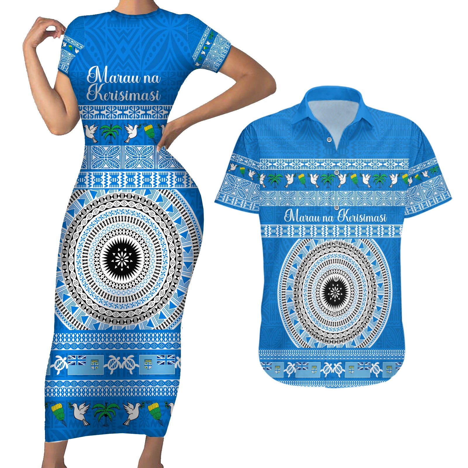 Personalised Fiji Marau Na Kerisimasi Couples Matching Short Sleeve Bodycon Dress and Hawaiian Shirt Merry Christmas Tapa Pattern Blue Style LT9 Red - Polynesian Pride