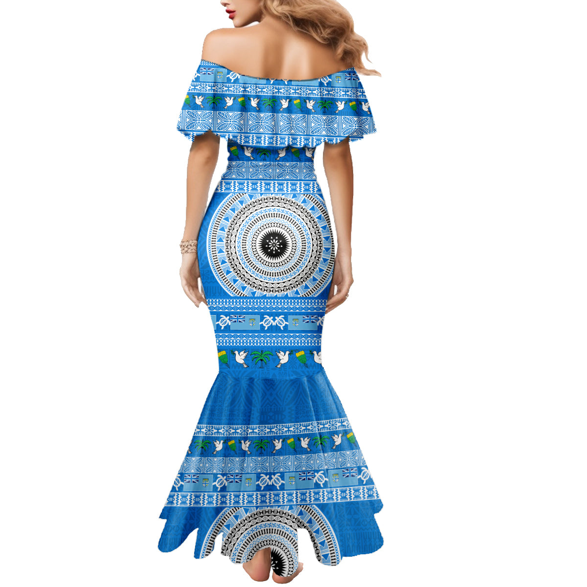 Personalised Fiji Marau Na Kerisimasi Family Matching Mermaid Dress and Hawaiian Shirt Merry Christmas Tapa Pattern Blue Style LT9 - Polynesian Pride