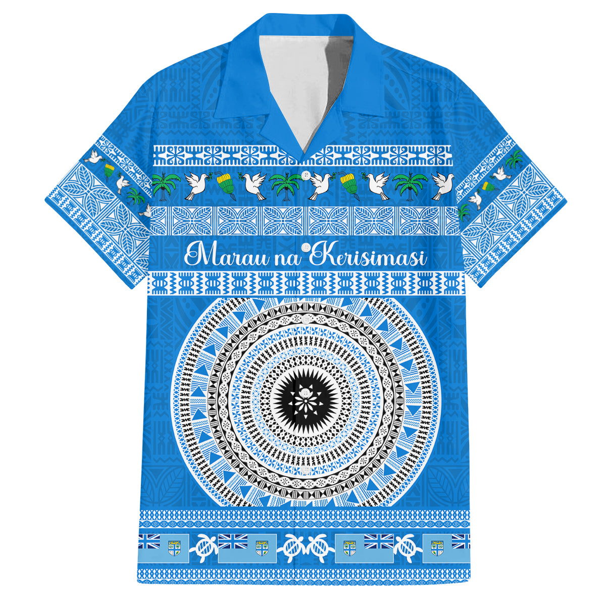 Personalised Fiji Marau Na Kerisimasi Family Matching Off Shoulder Long Sleeve Dress and Hawaiian Shirt Merry Christmas Tapa Pattern Blue Style LT9 Dad's Shirt - Short Sleeve Red - Polynesian Pride