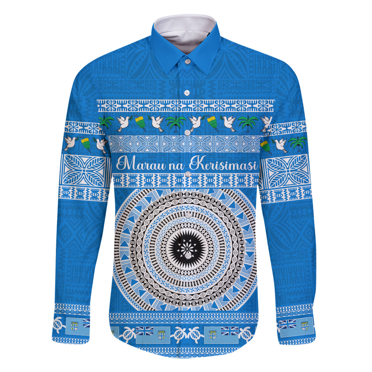 Personalised Fiji Marau Na Kerisimasi Family Matching Off Shoulder Short Dress and Hawaiian Shirt Merry Christmas Tapa Pattern Blue Style LT9 Dad's Shirt - Long Sleeve Red - Polynesian Pride