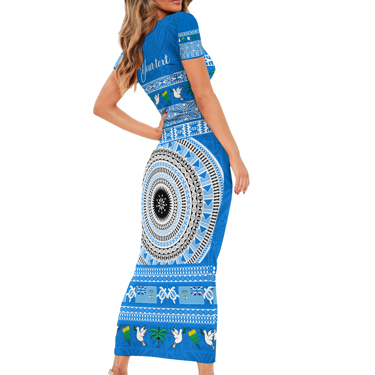 Personalised Fiji Marau Na Kerisimasi Family Matching Short Sleeve Bodycon Dress and Hawaiian Shirt Merry Christmas Tapa Pattern Blue Style LT9 - Polynesian Pride