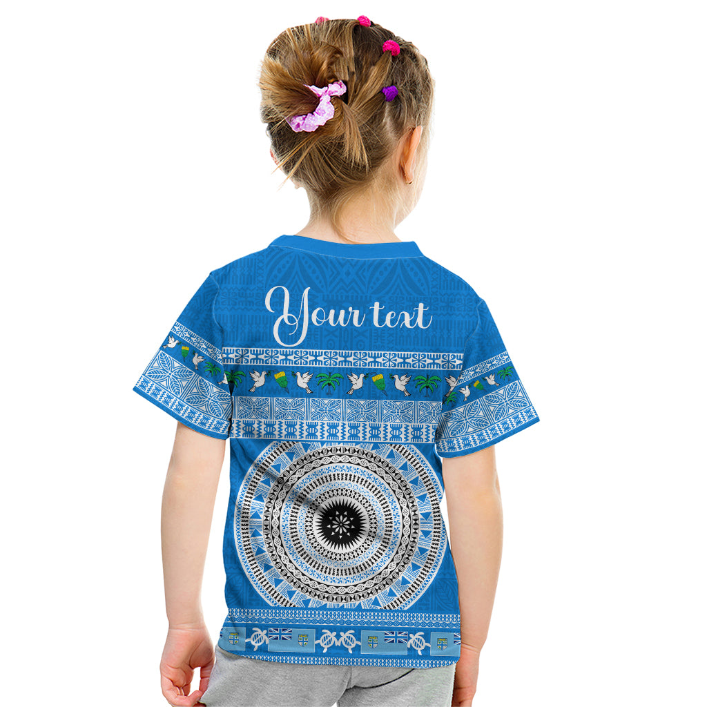 Personalised Fiji Marau Na Kerisimasi Kid T Shirt Merry Christmas Tapa Pattern Blue Style LT9 - Polynesian Pride