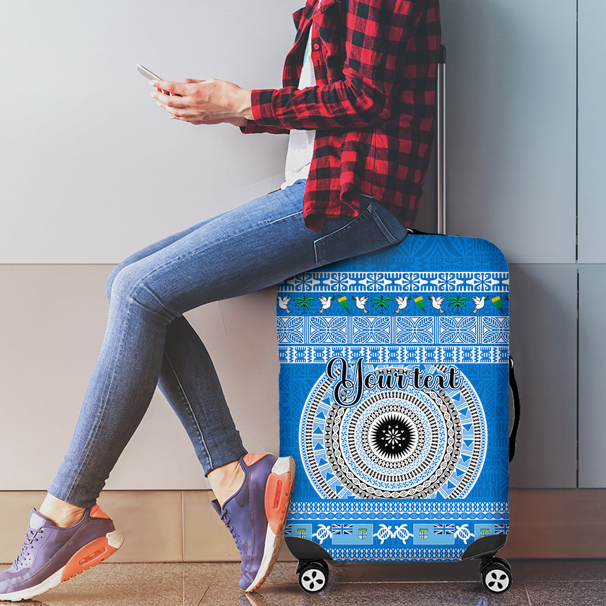Personalised Fiji Marau Na Kerisimasi Luggage Cover Merry Christmas Tapa Pattern Blue Style LT9 - Polynesian Pride