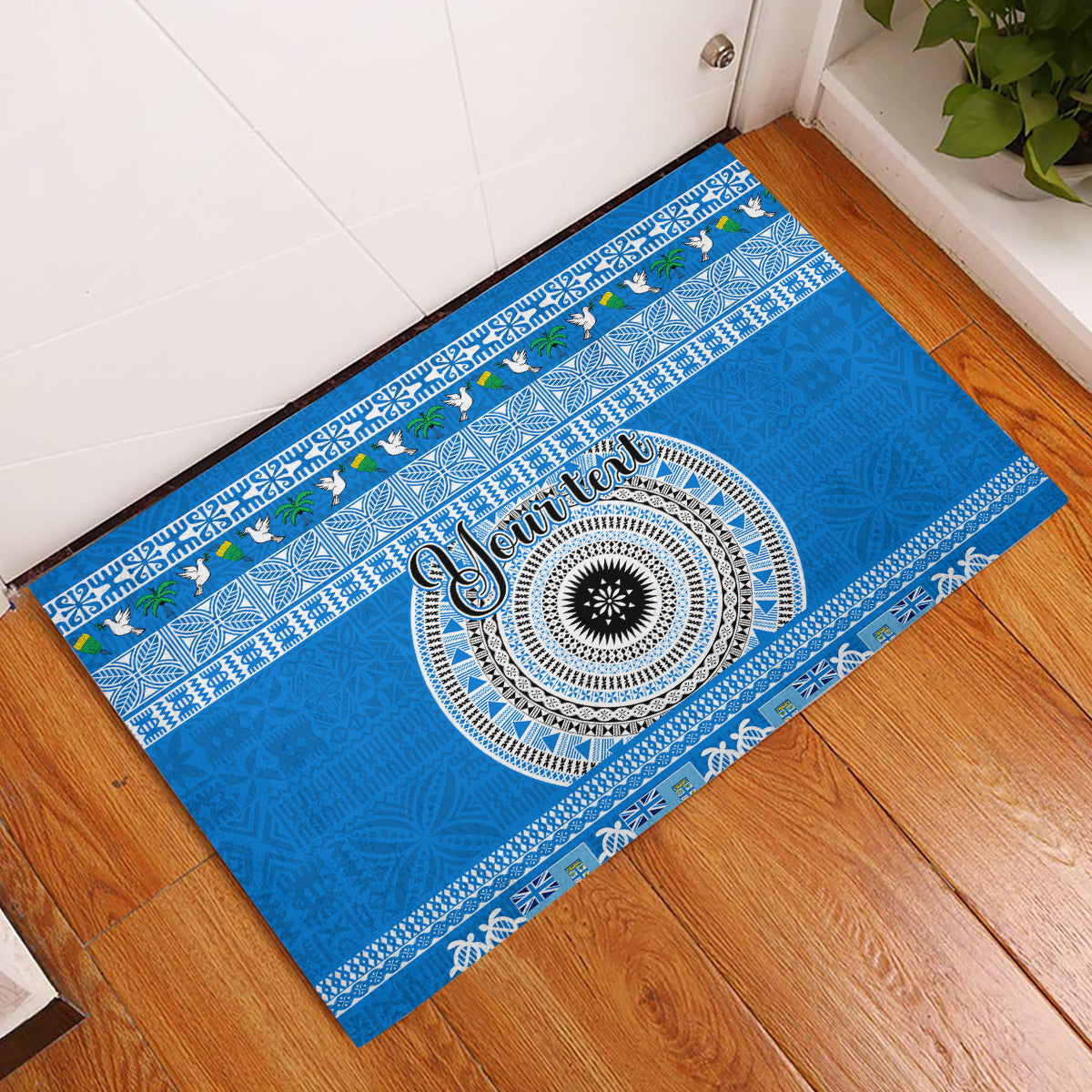 Personalised Fiji Marau Na Kerisimasi Rubber Doormat Merry Christmas Tapa Pattern Blue Style LT9 Red - Polynesian Pride