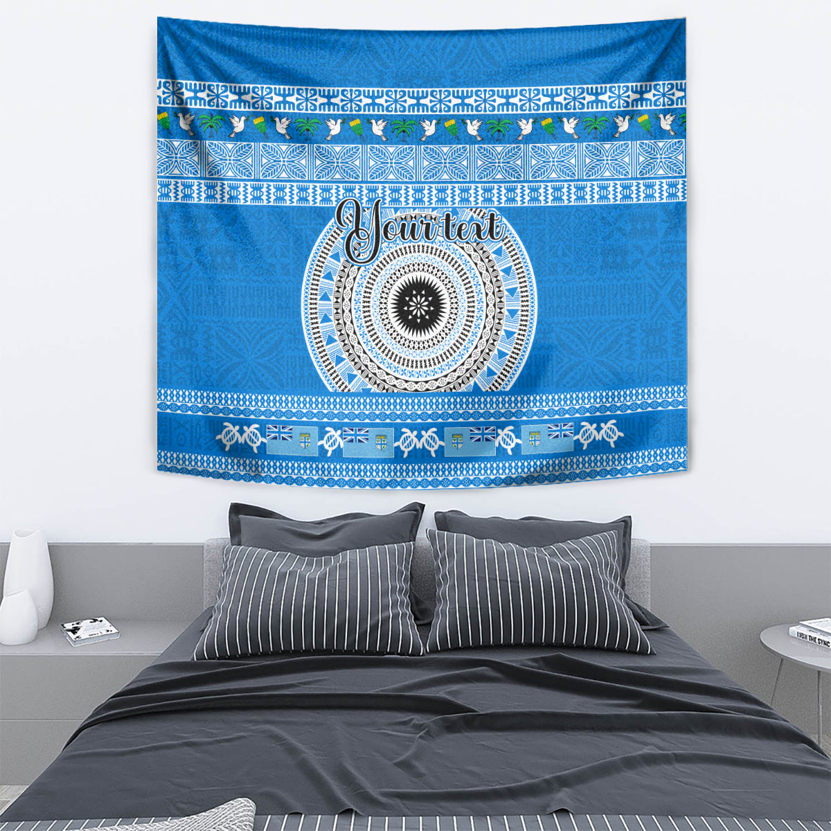 Personalised Fiji Marau Na Kerisimasi Tapestry Merry Christmas Tapa Pattern Blue Style LT9 - Polynesian Pride