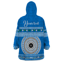 Personalised Fiji Marau Na Kerisimasi Wearable Blanket Hoodie Merry Christmas Tapa Pattern Blue Style LT9 - Polynesian Pride