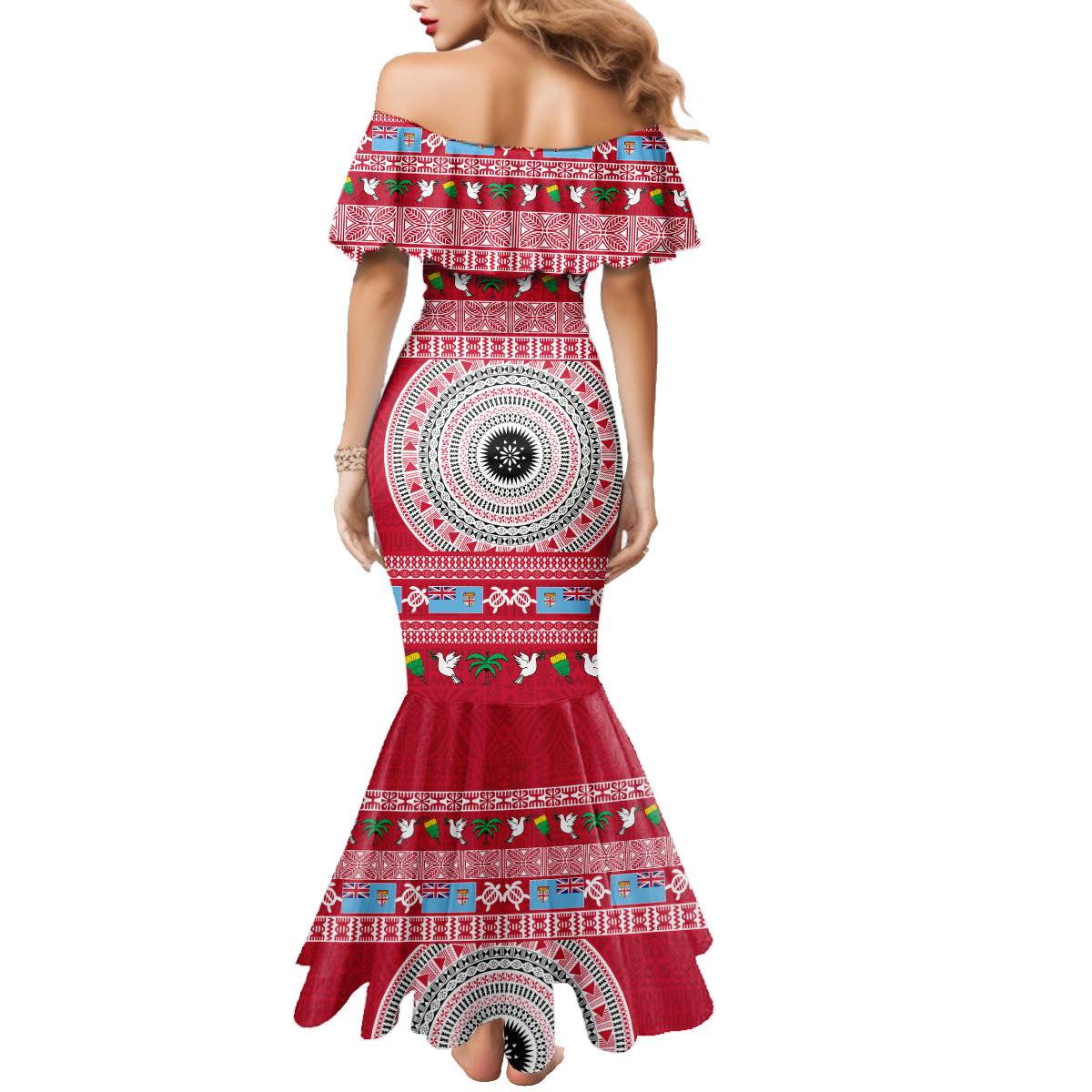 Personalised Fiji Marau Na Kerisimasi Family Matching Mermaid Dress and Hawaiian Shirt Merry Christmas Tapa Pattern Red Style LT9 - Polynesian Pride